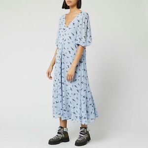 GANNI Floral Georgette Midi Dress Brunnera Blue size 36